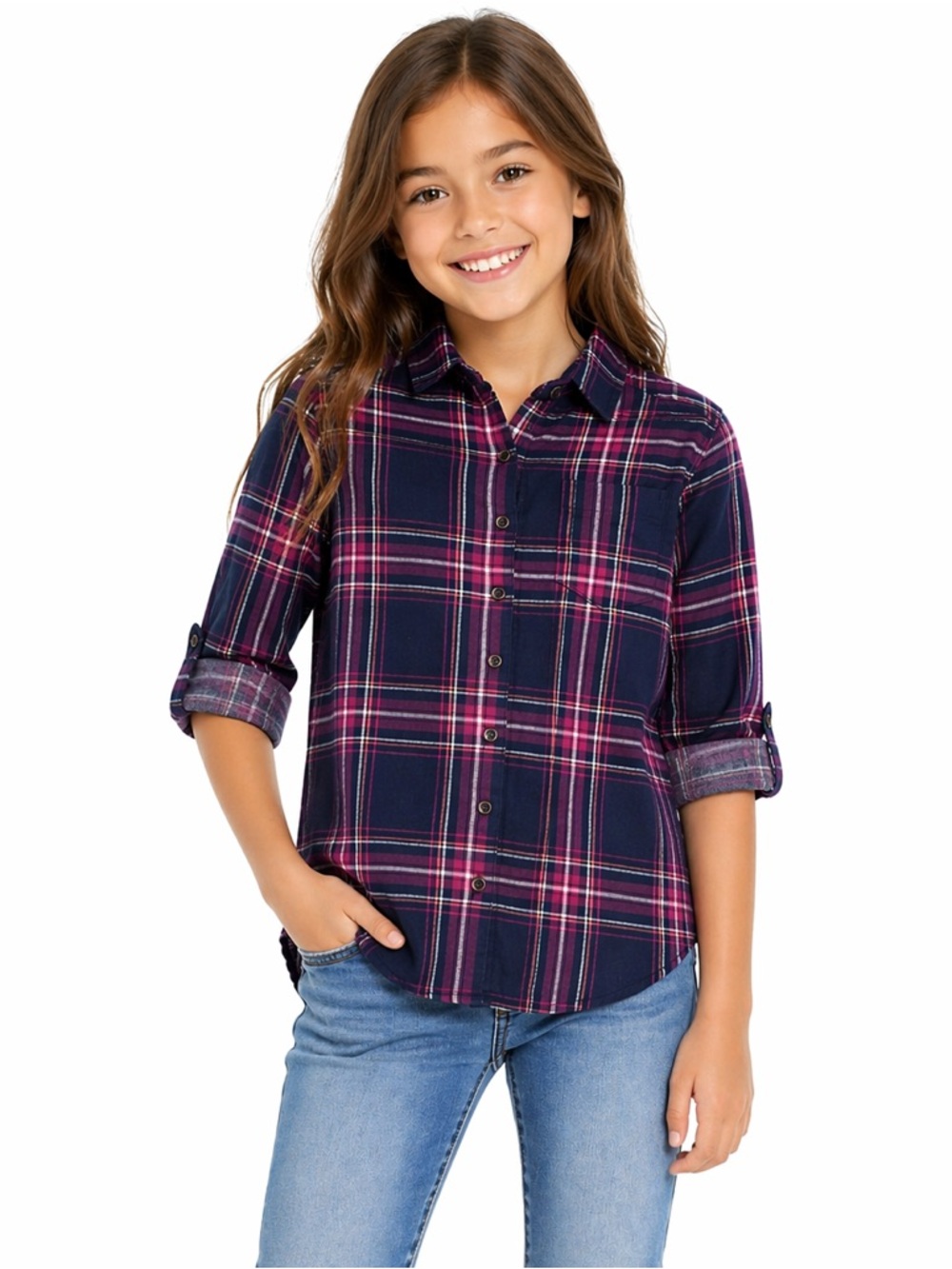 SO Girls Plaid Button Up Shirt Size 7 Navy Pink Lightweight Long Sleeve NWT